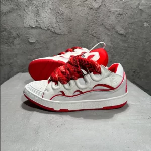 Lanvin Leather Curb Sneaker in White and Red - LV01